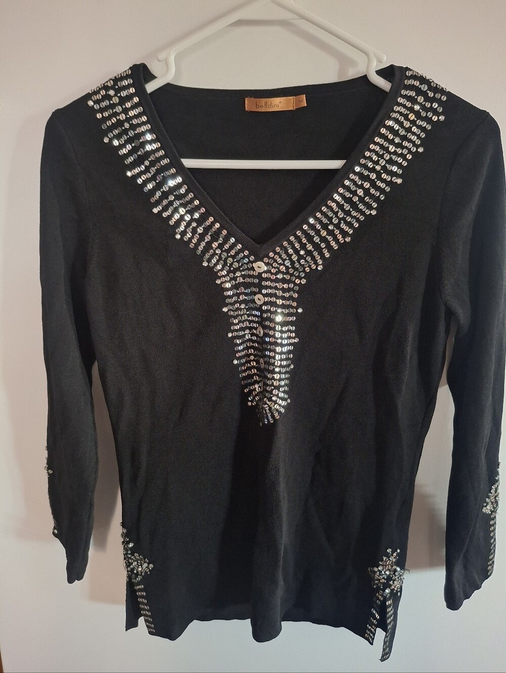 Belldini Black Long Sleeve V-Neck Top with Silver Sequins